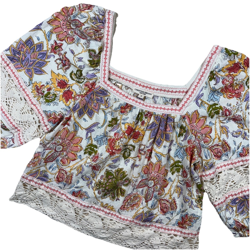Christian Siriano New York Floral Print Crochet Trim Linen Blend Blouse Boho